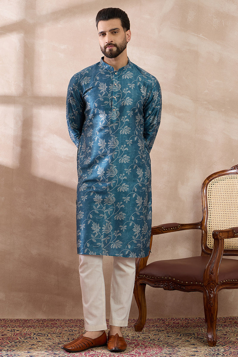 Blue Silk Blend Printed Mandarin Collar Straight Kurta MKU1998