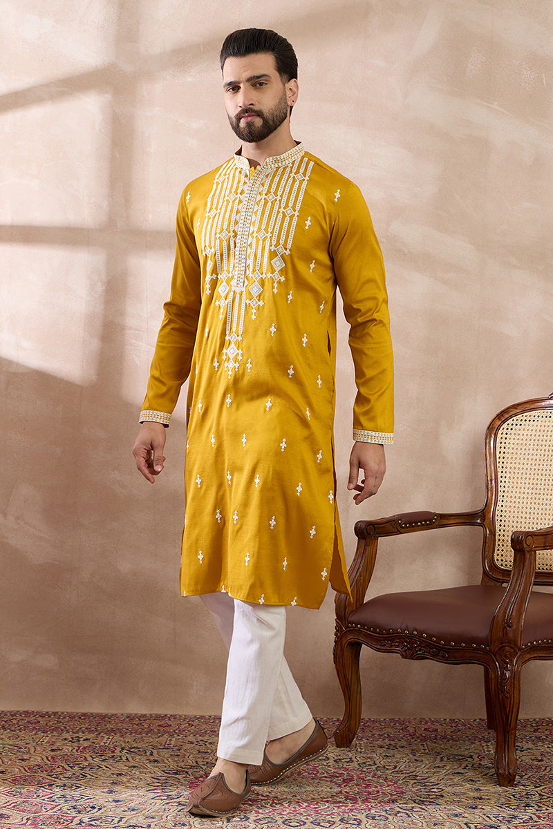 Yellow Silk Blend Embroidered Mandarin Collar Straight Kurta MKU1786