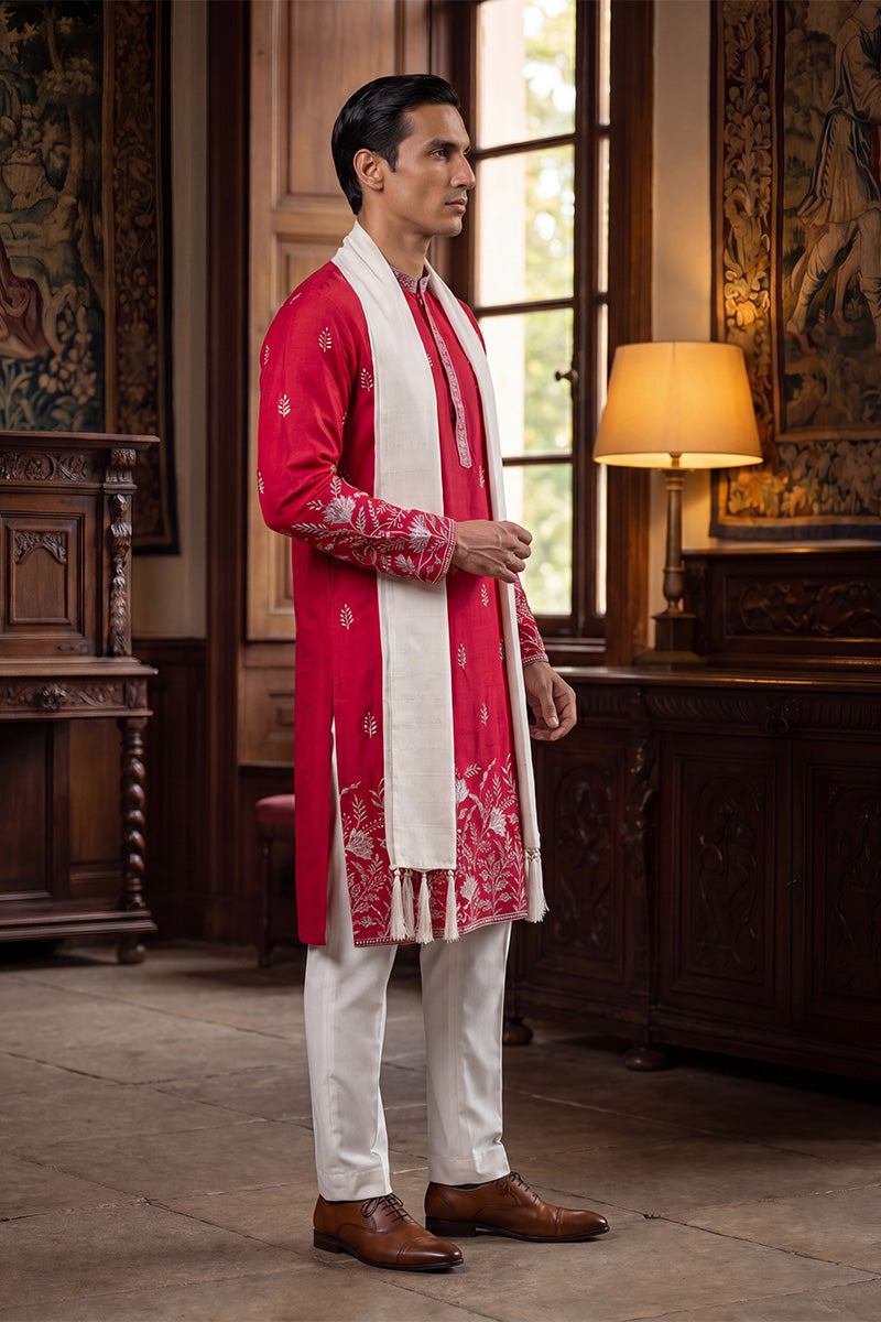 Pink Silk Blend Solid Embroidered Straight Kurta with Dupatta MKUD1943