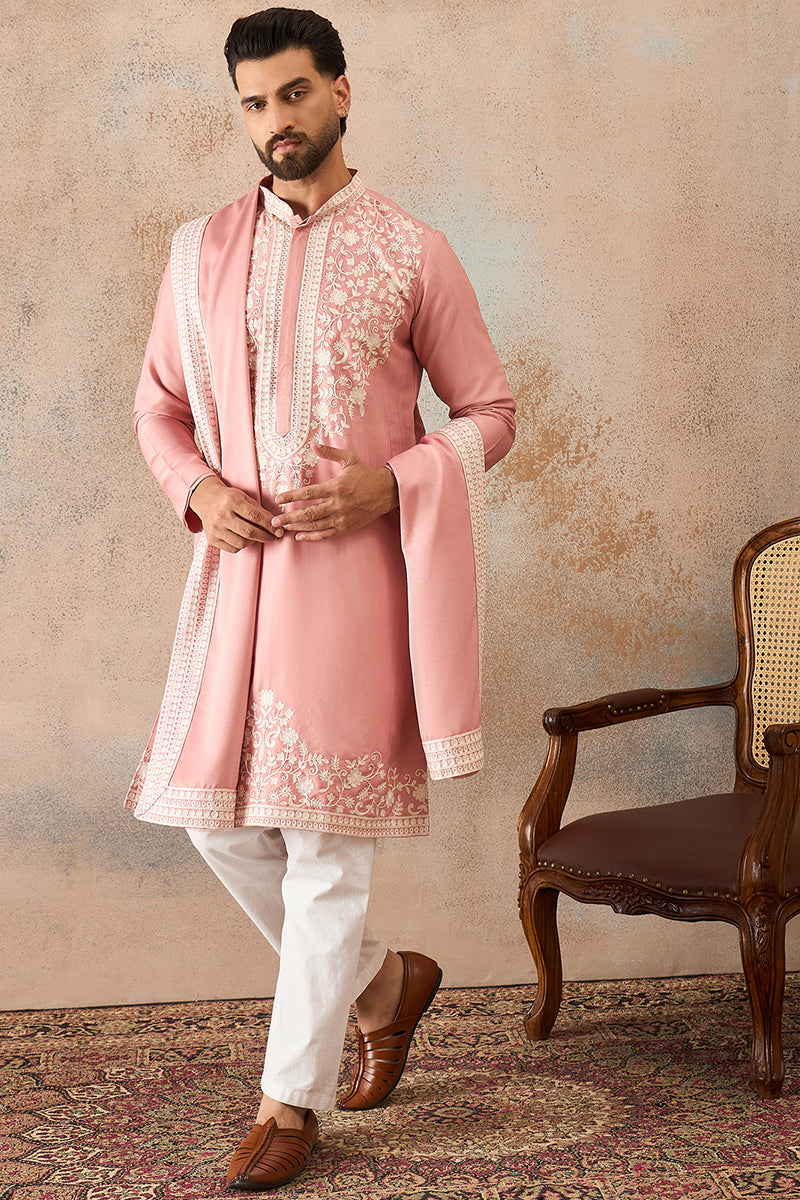 Peach Silk Blend Solid Embroidered Kurta Trouser With Dupatta MKPD1041