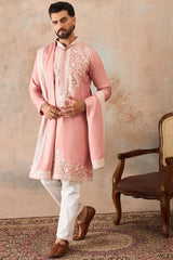 Peach Silk Blend Solid Embroidered Kurta Trouser With Dupatta MKPD1041