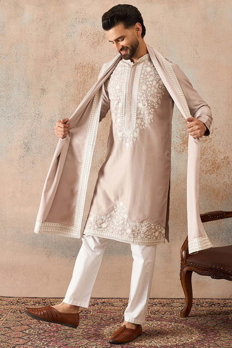 Beige Silk Blend Solid Embroidered Kurta Trouser With Dupatta MKPD1042