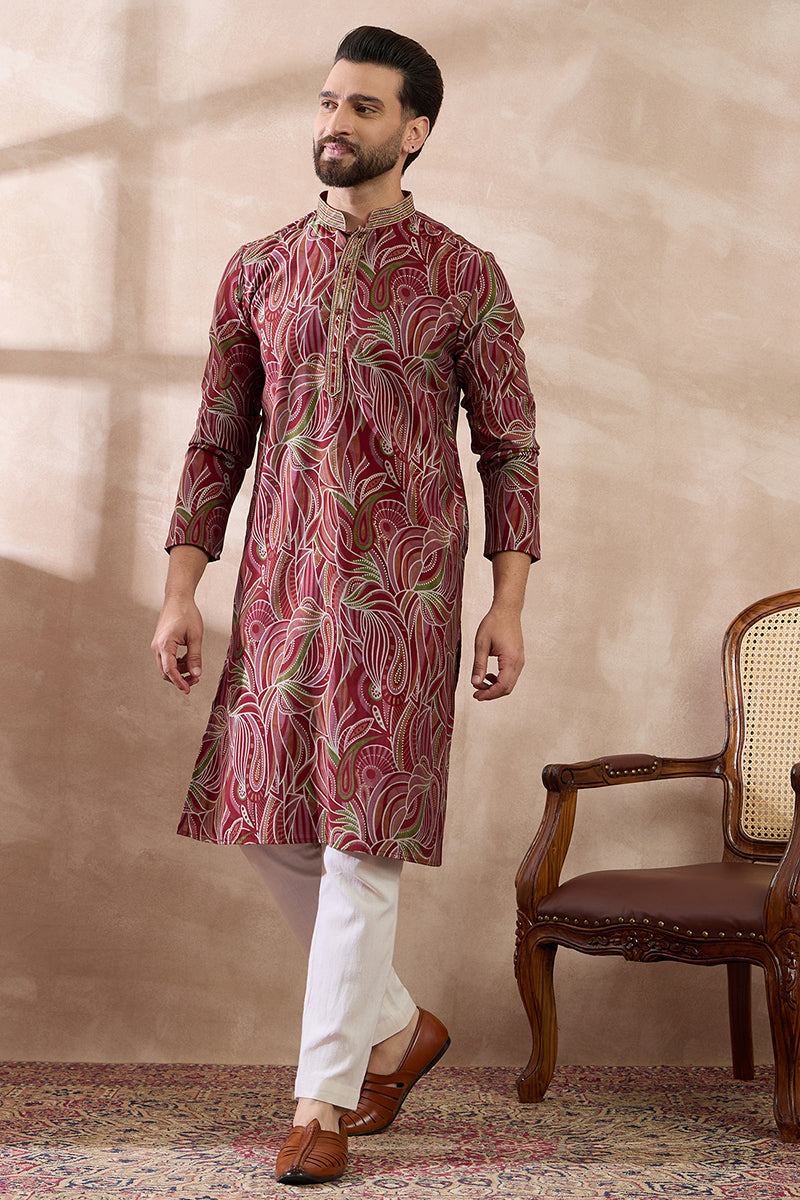 Red Silk Blend Printed Mandarin Collar Straight Kurta MKU1959