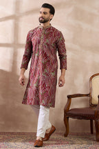Red Silk Blend Printed Mandarin Collar Straight Kurta MKU1959
