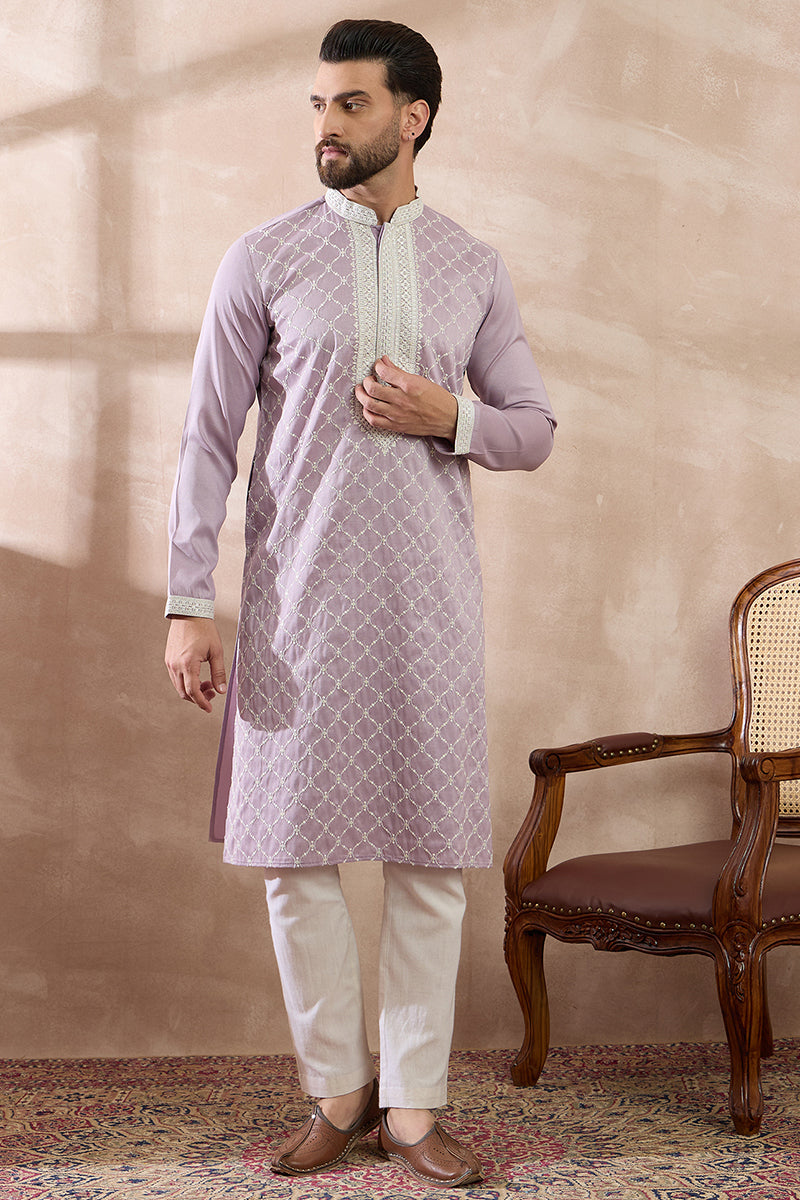 Lavender Silk Blend Embroidered Mandarin Collar Straight Kurta MKU1690