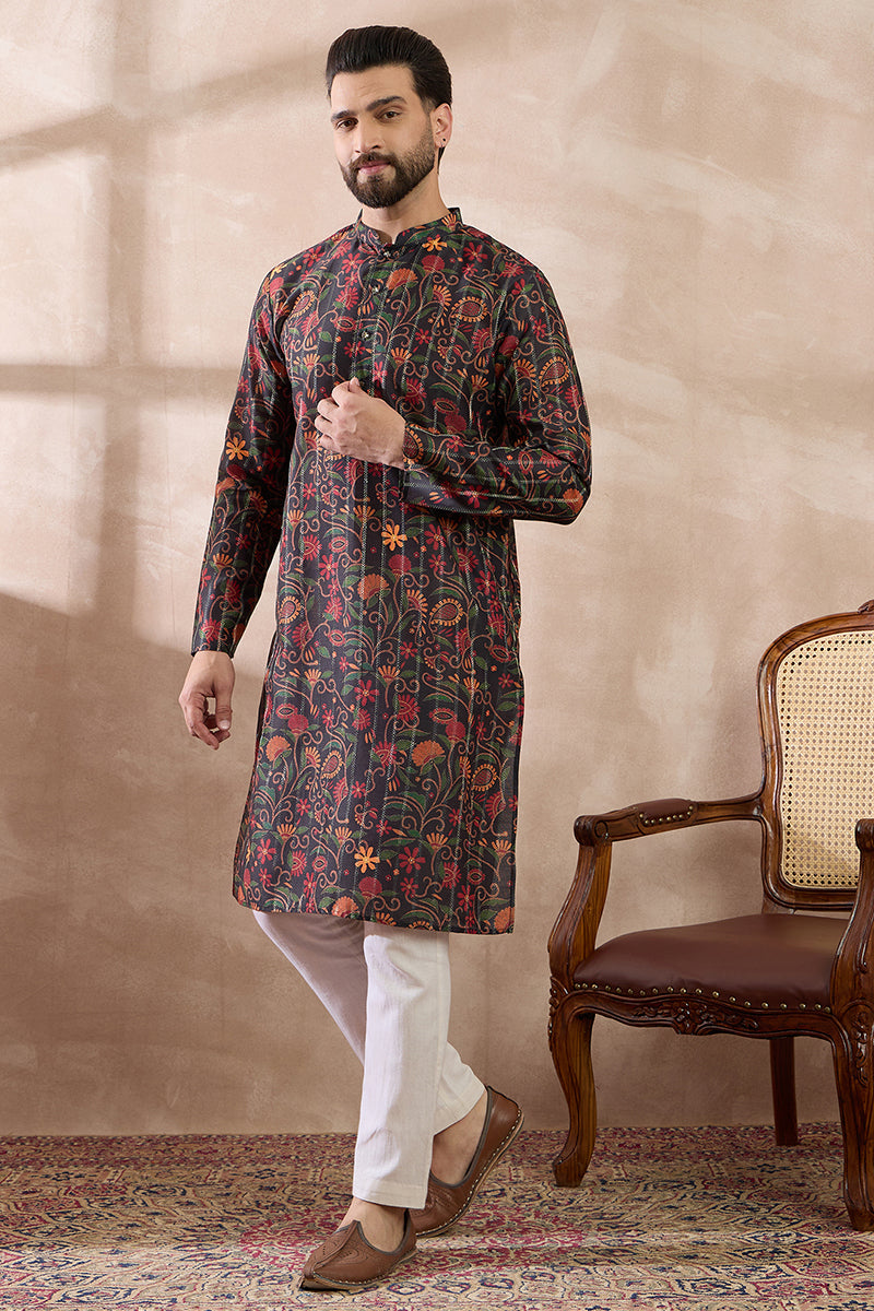 Black Silk Blend Embroidered Mandarin Collar Straight Kurta With Trouser MKSET2096