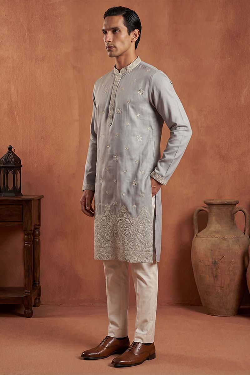Blue Silk Blend Solid Embroidered Kurta With Trousers MKSET2175
