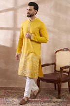 Yellow Silk Blend Embroidered Mandarin Collar Straight Kurta MKU2052