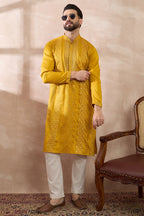Mustard Silk Blend Embroidered Mandarin Collar Straight Kurta With Trouser MKSET1887