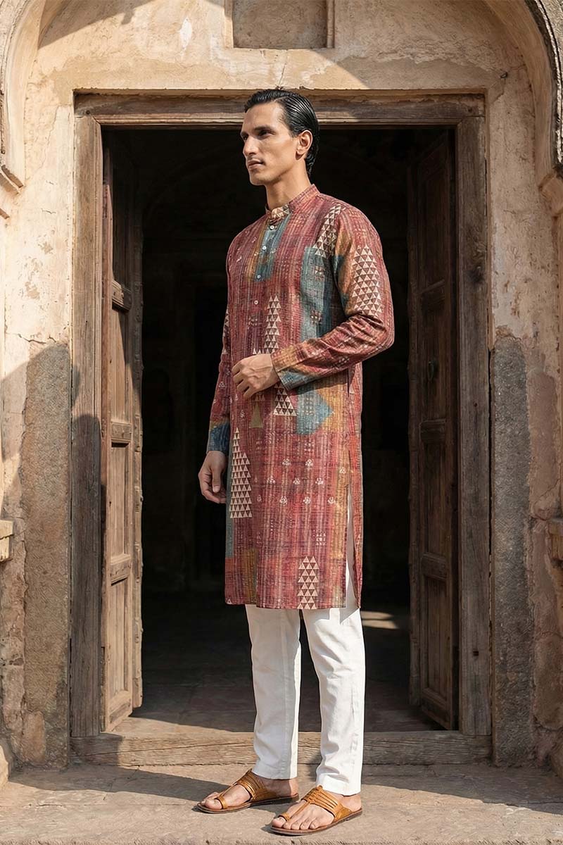 Brown Silk Blend Printed Straight Kurta With Trousers MKSET2177
