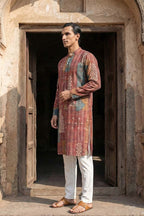 Brown Silk Blend Printed Straight Kurta With Trousers MKSET2177