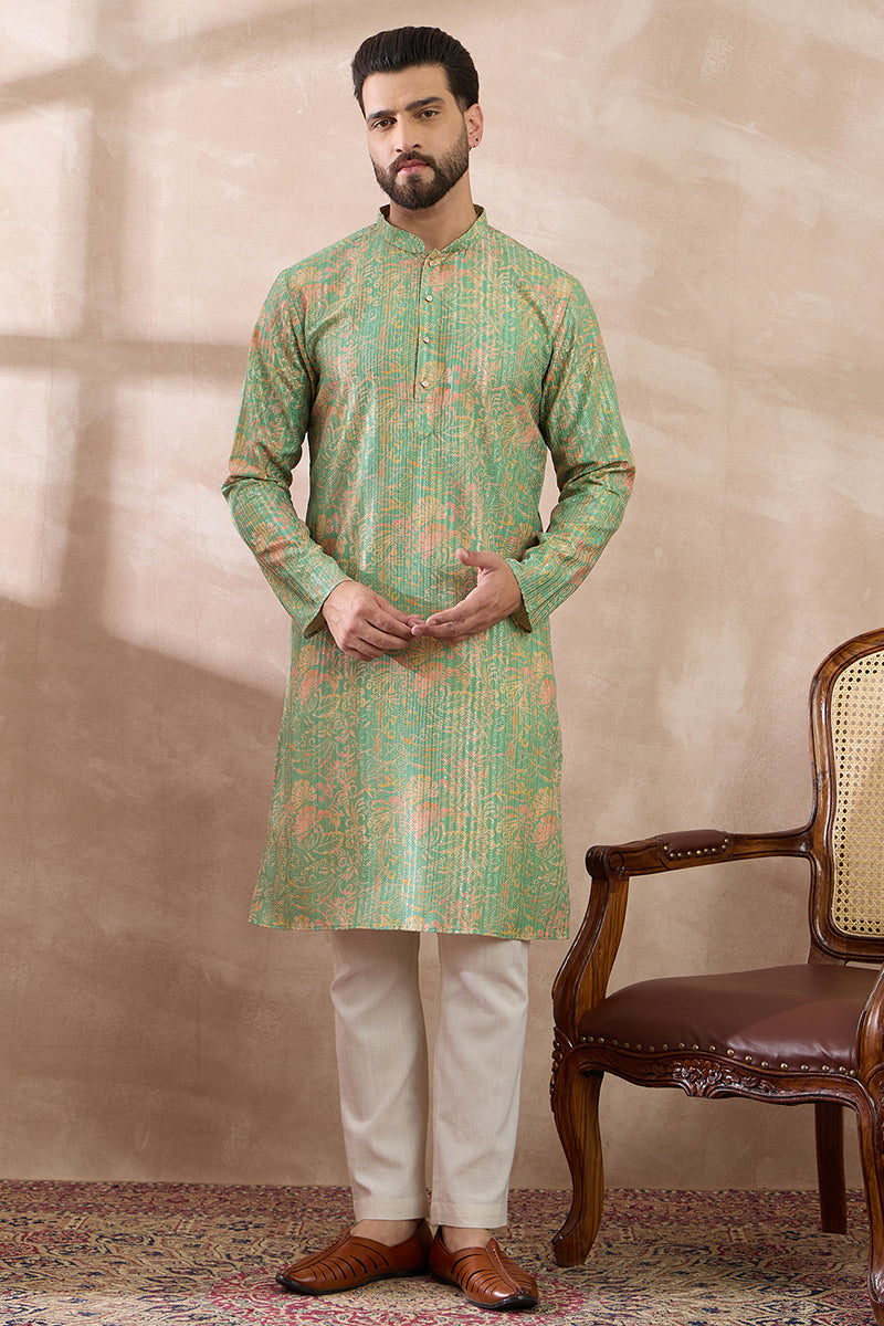 Green Silk Blend Printed Mandarin Collar Straight Kurta With Trouser MKSET2113