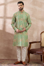 Green Silk Blend Printed Mandarin Collar Straight Kurta With Trouser MKSET2113