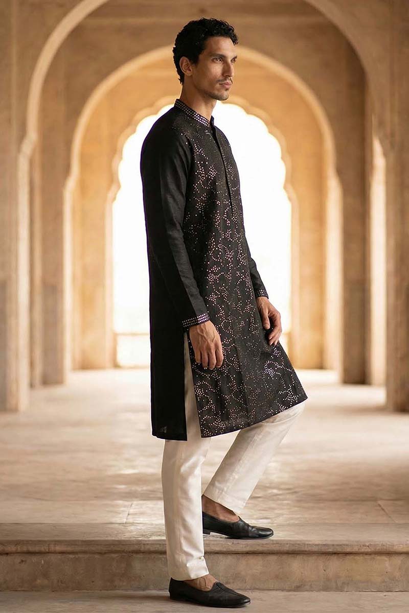 Silk Blend Black Solid Embroidered Calf Length Straight Kurta With Trousers MKSET2128