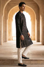 Silk Blend Black Solid Embroidered Calf Length Straight Kurta With Trousers MKSET2128