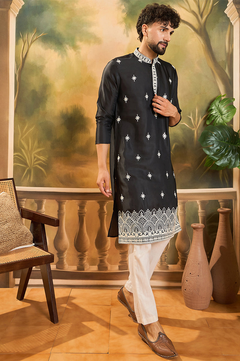 Black Silk Blend Solid Embroidered Straight Kurta MKU1441