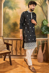 Black Silk Blend Solid Embroidered Straight Kurta MKU1441