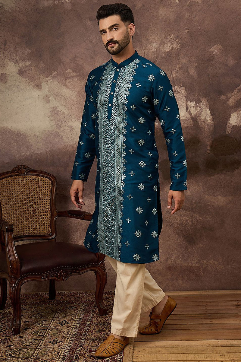 Blue Silk Blend Embroidered Indian Wear for Men MKU1371 | DesiQlo