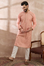 Peach Silk Blend Embroidered Mandarin Collar Straight Kurta With Trouser MKSET2045