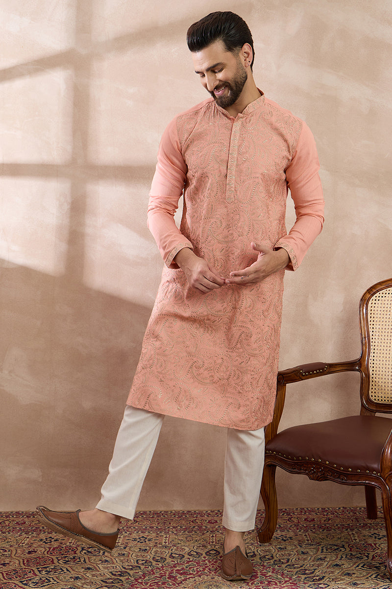Peach Silk Blend Embroidered Mandarin Collar Straight Kurta With Trouser MKSET2045