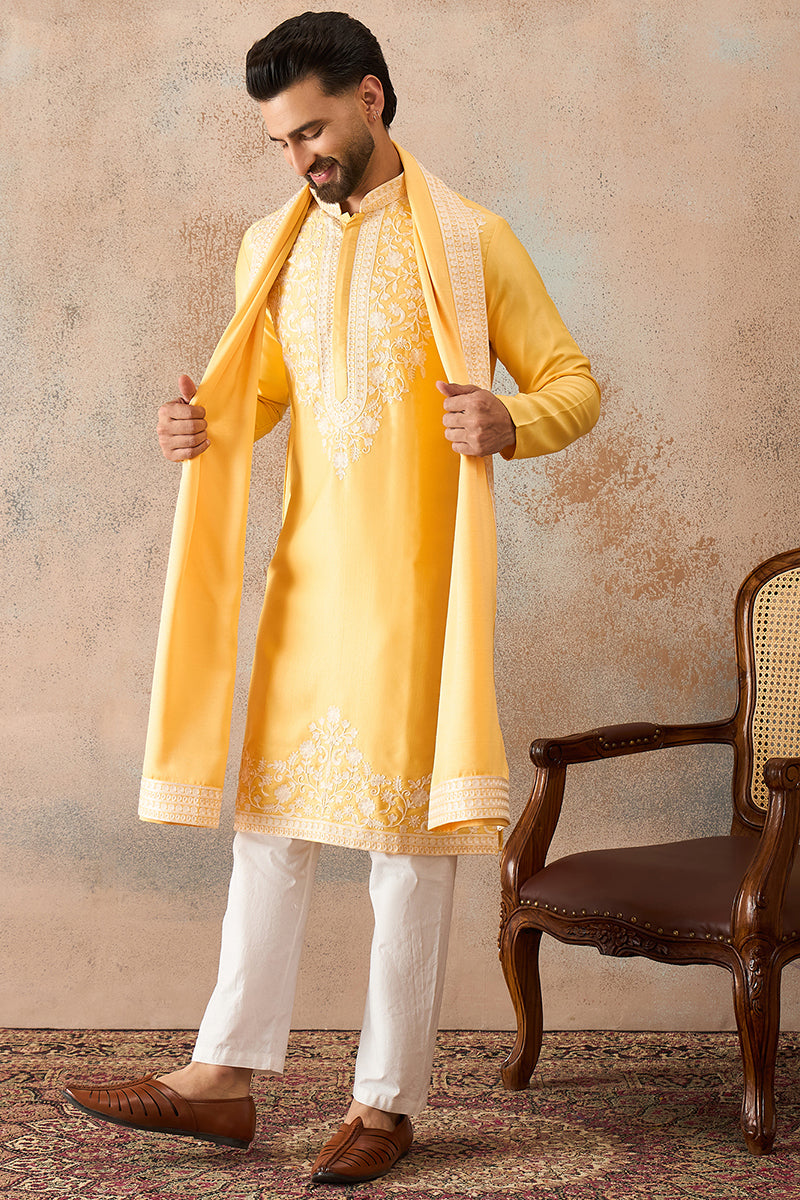 Yellow Silk Blend Woven Design Floral Straight Kurta Sets MKPD1037