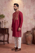 Red Silk Blend Solid Emboidered Straight Kurta MKU2375