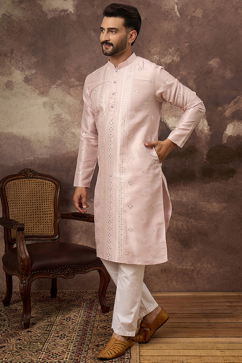 Pink Silk Blend Solid Embroidered Straight Kurta MKU1362