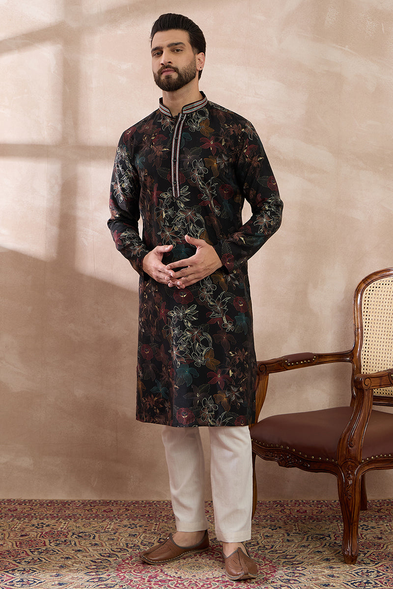 Black Silk Blend Printed Mandarin Collar Straight Kurta With Trouser MKSET1956