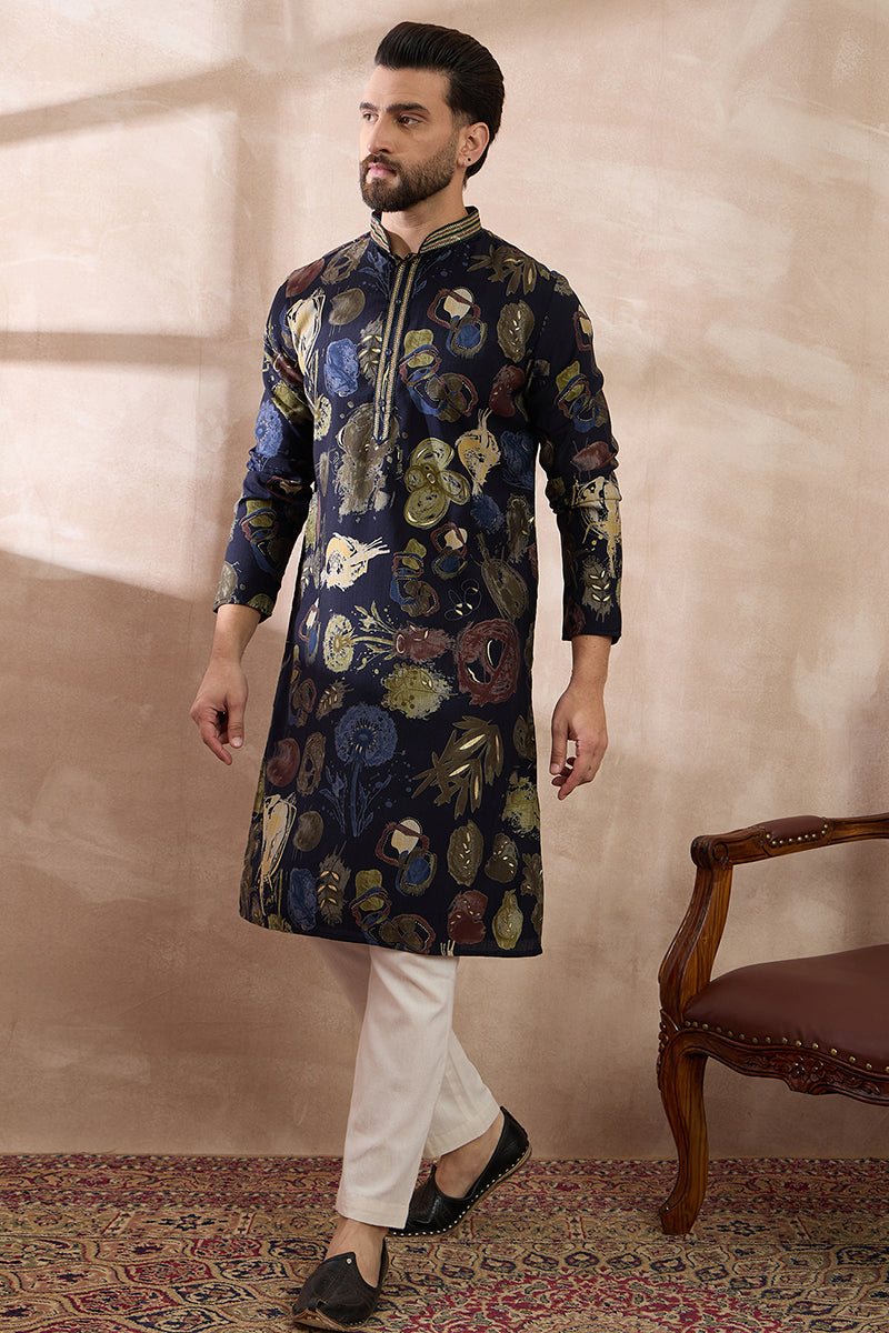 Navy Blue Silk Blend Printed Mandarin Collar Straight Kurta With Trouser MKSET1961