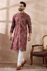 Red Silk Blend Printed Mandarin Collar Straight Kurta With Trouser MKSET1959
