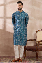 Blue Silk Blend Printed Mandarin Collar Straight Kurta With Trouser MKSET1998