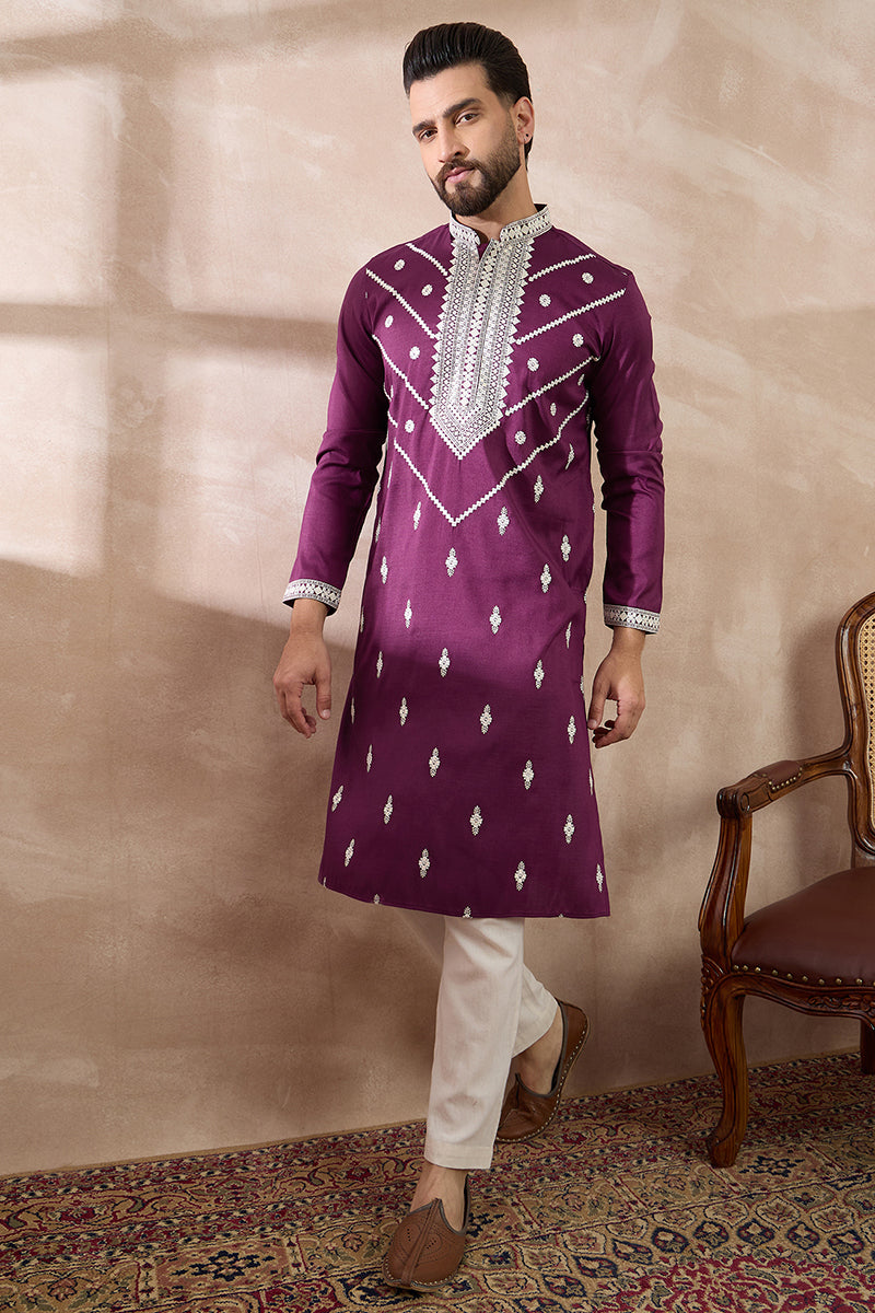 Purple Silk Blend Embroidered Indian Wear for Men MKSET1789 | DesiQlo