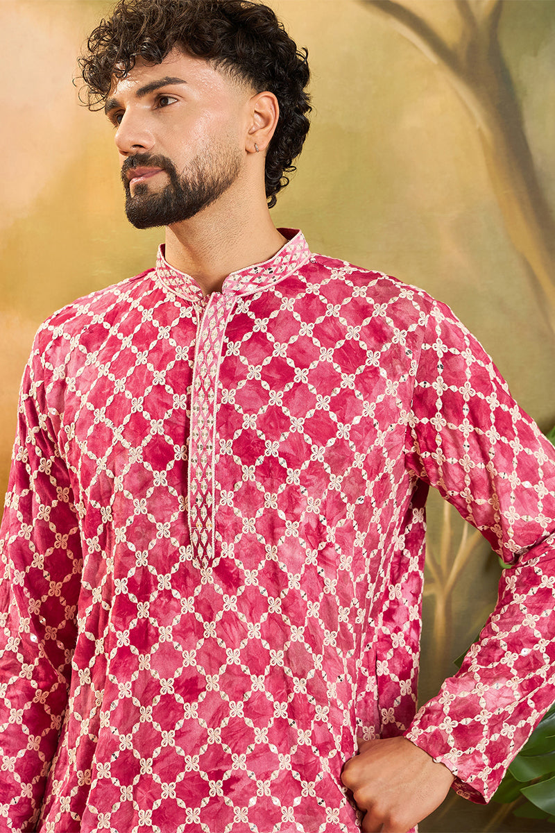 Red Silk Blend Embroidered Shibori Straight Kurta With Trousers MKSET1417