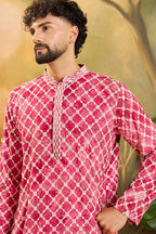 Red Silk Blend Embroidered Shibori Straight Kurta With Trousers MKSET1417