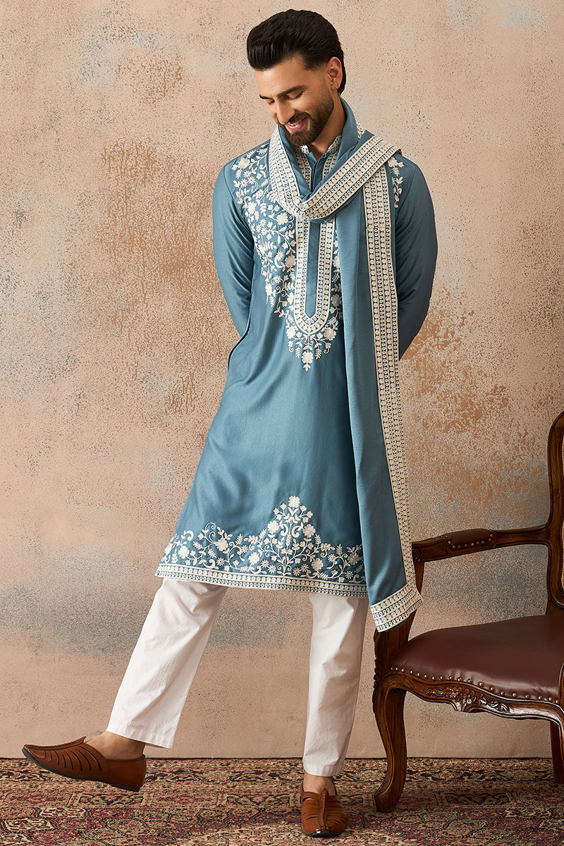 Blue Silk Blend Woven Design Floral Straight Kurta Sets MKPD1039
