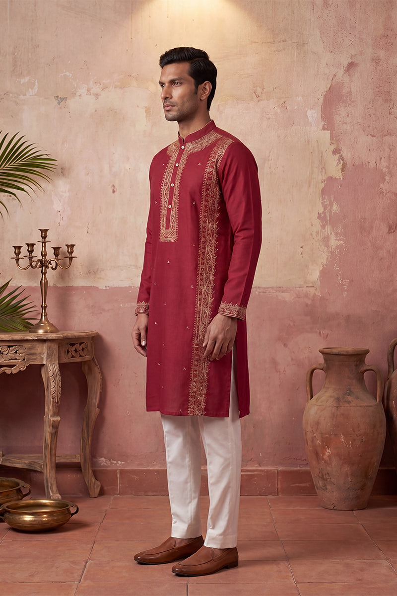 Red Silk Blend Solid Emboidered Straight Kurta With Trouser MKSET2314