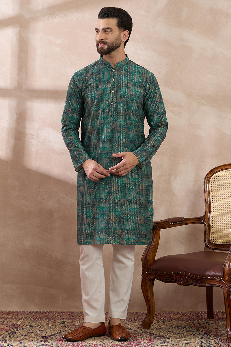 Green Silk Blend Printed Mandarin Collar Straight Kurta With Trouser MKSET2021
