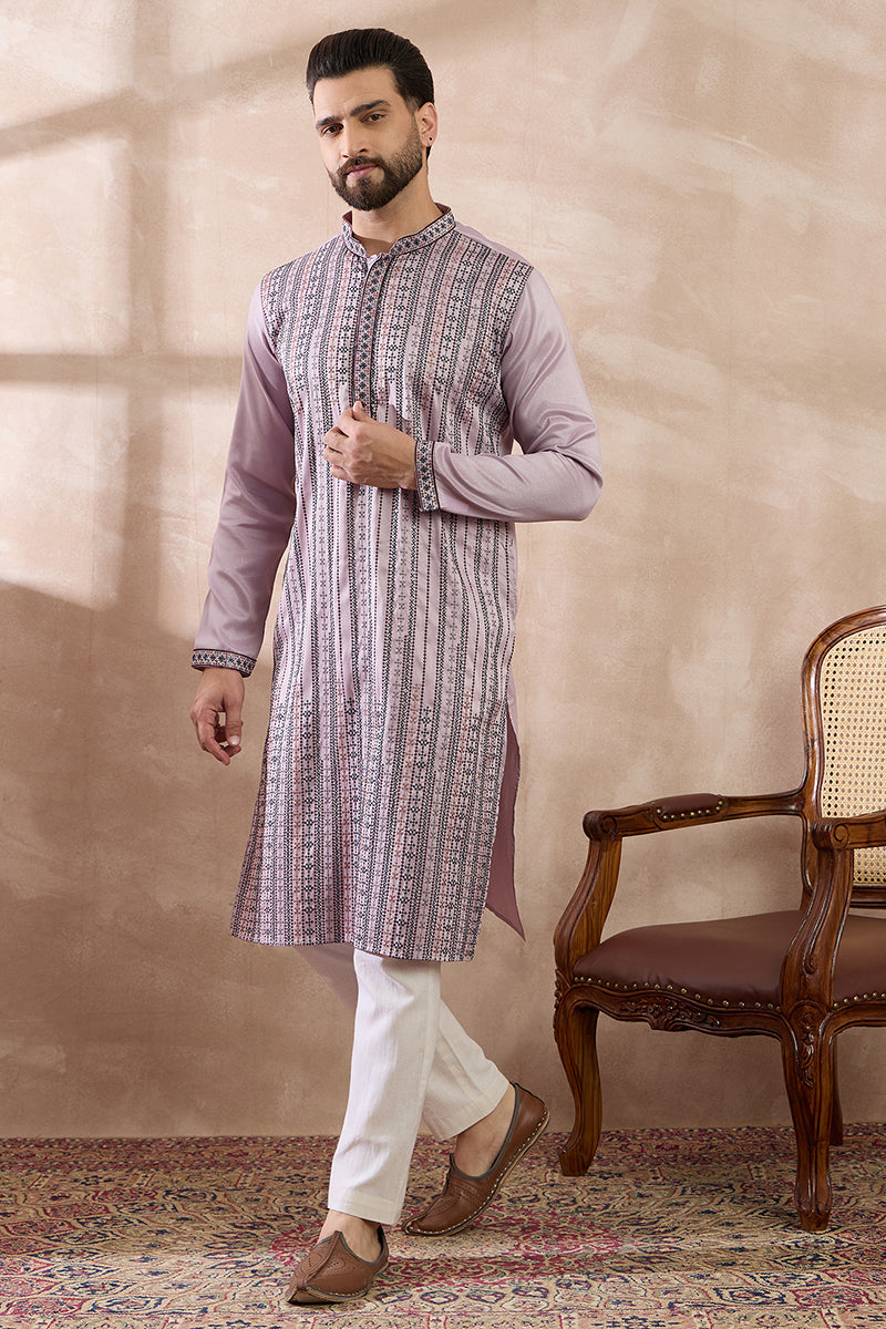 Lavender Silk Blend Embroidered Indian Wear for Men MKSET2041 | DesiQl