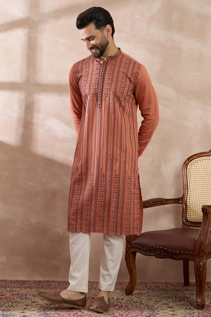 Orange Silk Blend Embroidered Indian Wear for Men MKSET2043 | DesiQlo