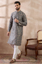 Grey Silk Blend Printed Mandarin Collar Straight Kurta With Trouser MKSET1931