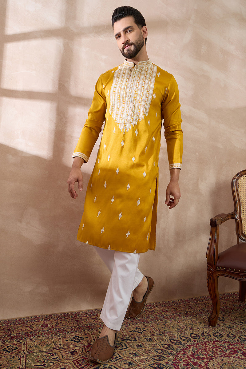 Yellow Silk Blend Embroidered Indian Wear for Men MKU1794 | DesiQlo