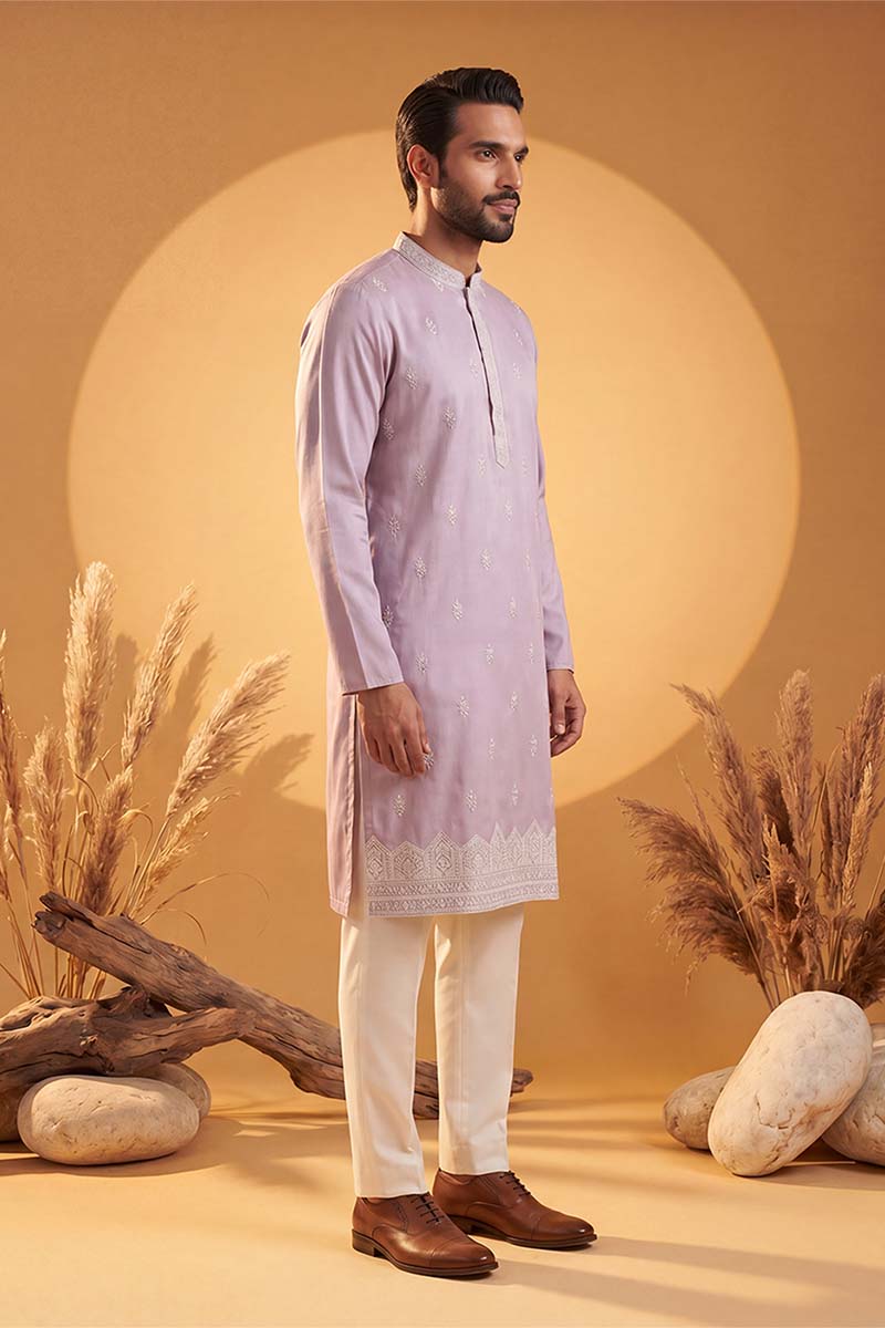 Lavender Silk Blend Solid Embroidered Kurta With Trousers MKSET2269
