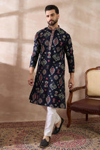 Blue Silk Blend Printed Mandarin Collar Straight Kurta MKU1987
