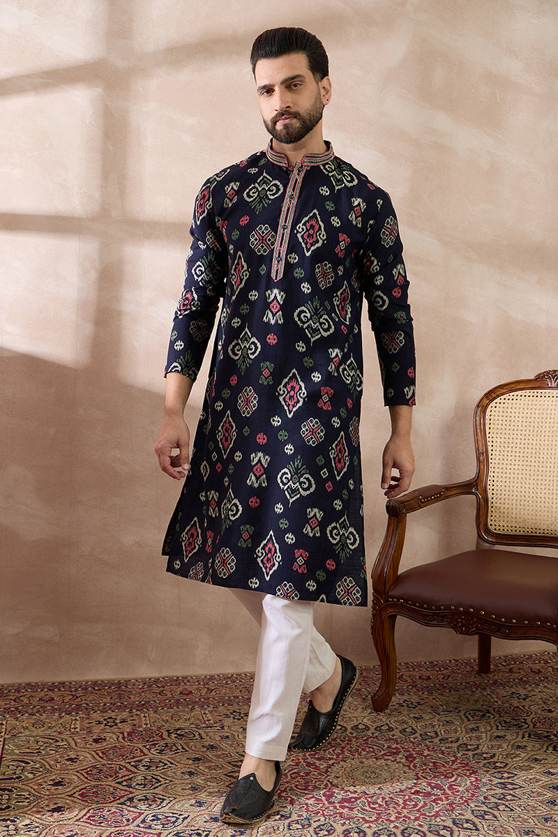 Blue Silk Blend Printed Mandarin Collar Straight Kurta MKU1987