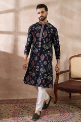 Blue Silk Blend Printed Mandarin Collar Straight Kurta MKU1987