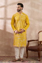 Yellow Silk Blend Embroidered Mandarin Collar Straight Kurta MKU2053