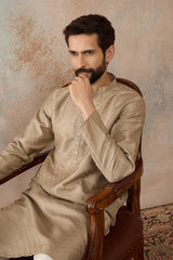 Beige Silk Blend Embroidered Solid Straight Kurta with Trousers MKSET2326