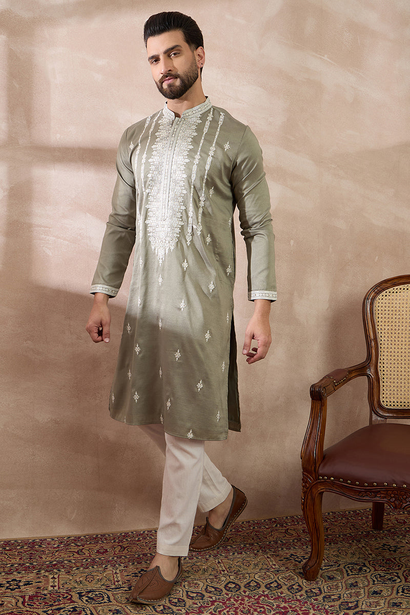 Green Silk Blend Embroidered Indian Wear for Men MKSET1791 | DesiQlo
