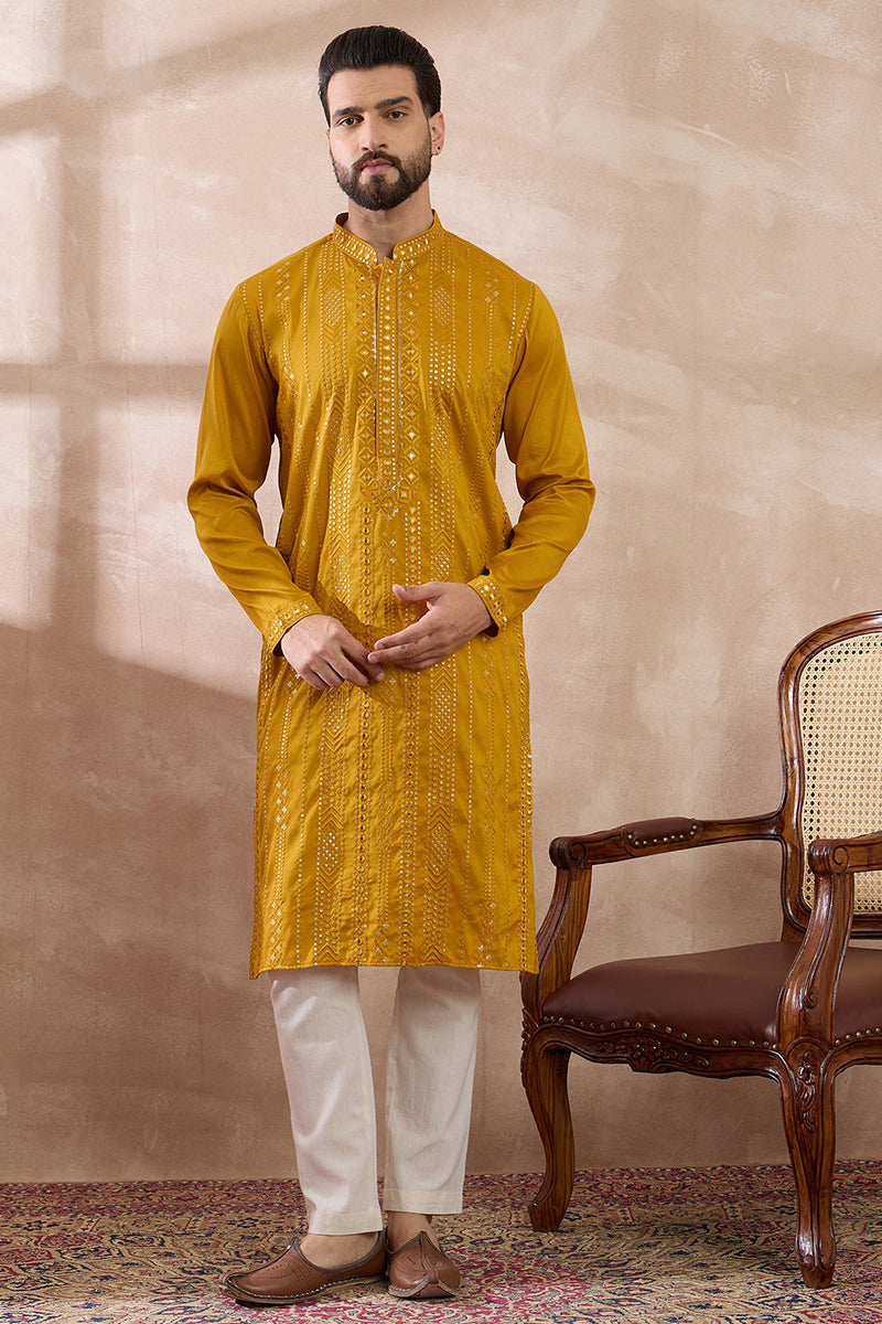 Mustard Silk Blend Embroidered Indian Wear for Men MKSET1888 | DesiQlo
