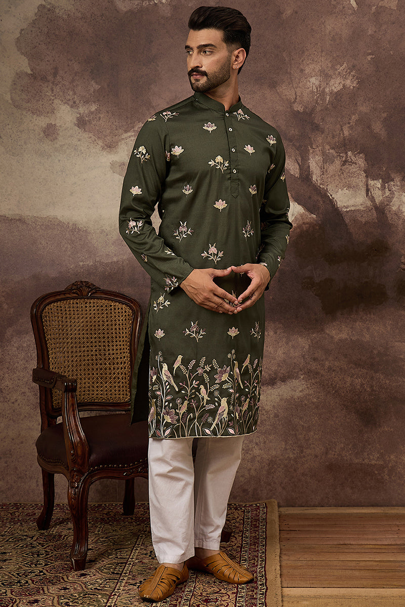 Green Silk Blend Solid Embroidered Straight Kurta MKU1338